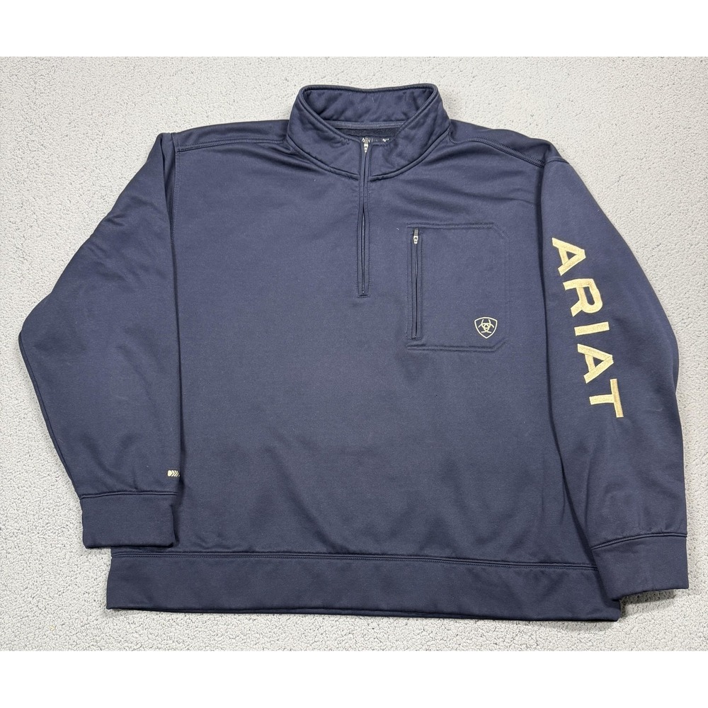 Ariat Sweatshirt Mens 2XL Blue 1/4 Zip‎ Fleece Pullover Sleeve Logo AriatTEK